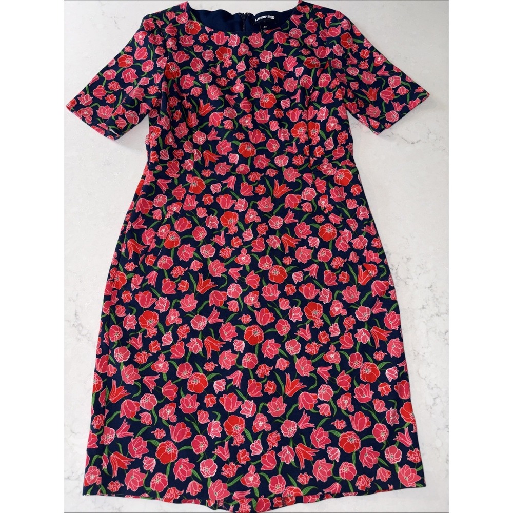 Lands End Ponte Sheath Dress Navy Red Floral With Pockets Womens 4P Shirt 4